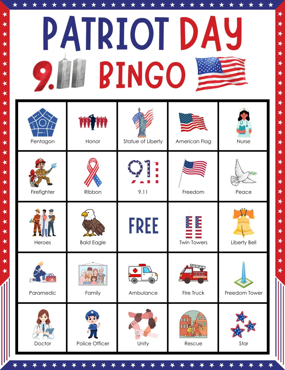 Bingo card 2: Pentagon, Honor, Statue of Liberty, American Flag and 20 more labels, plus a free space