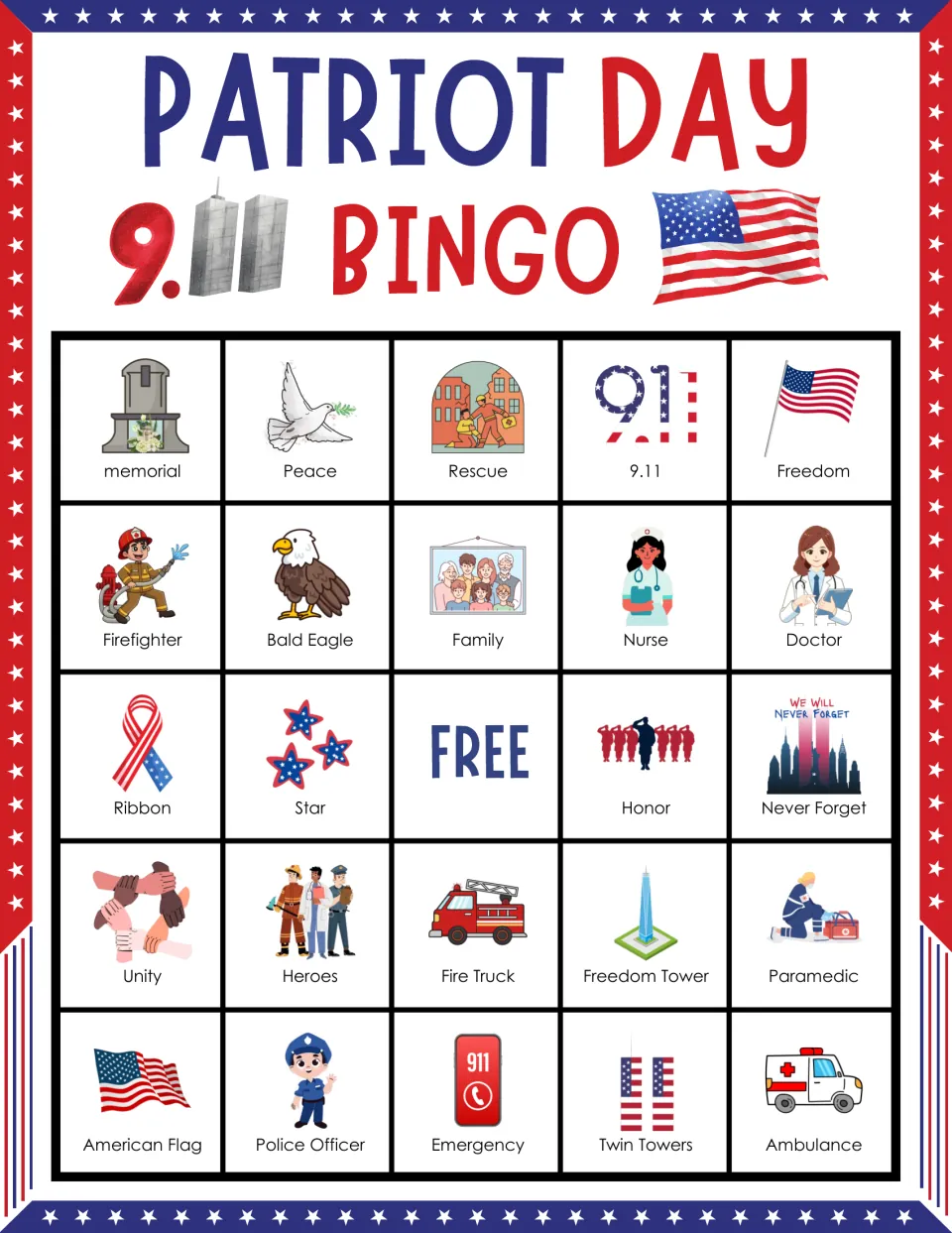 Bingo card 3: memorial, Peace, Rescue, 9.11 and Freedom among 24 labeled pictures, plus a free space
