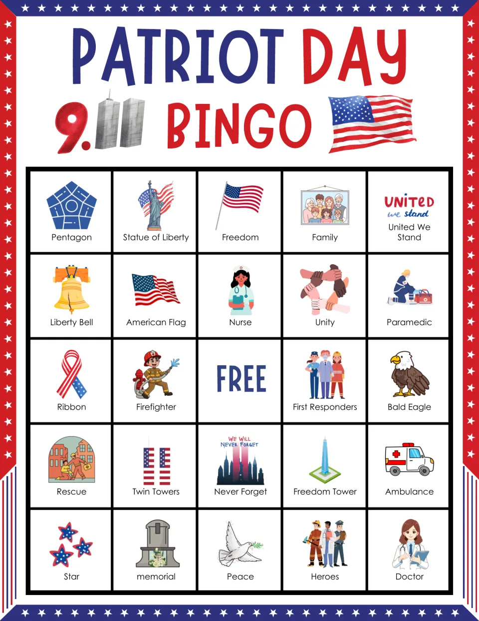 Bingo card 4: Pentagon, Statue of Liberty, Freedom and Family among 24 labels, plus a free space