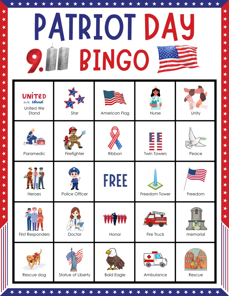 Bingo card 5: United We Stand, Star, American Flag, Nurse and 20 more labels, plus a free space