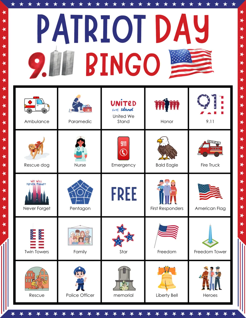 Bingo card 6: Ambulance, Paramedic, United We Stand, Honor and 20 more labels, plus a free space
