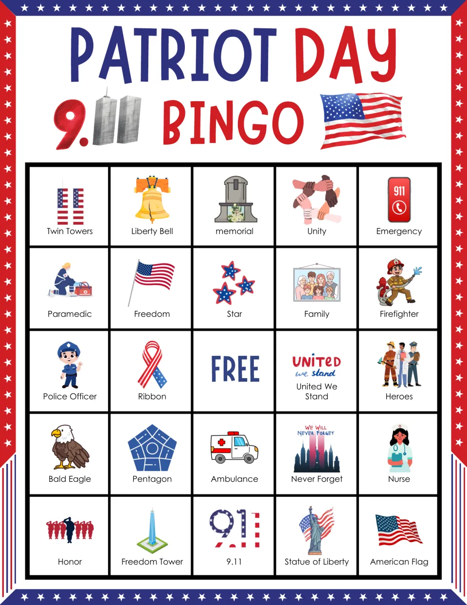 Bingo card 7: Twin Towers, Liberty Bell, memorial, Unity and 20 more labels, plus a free space