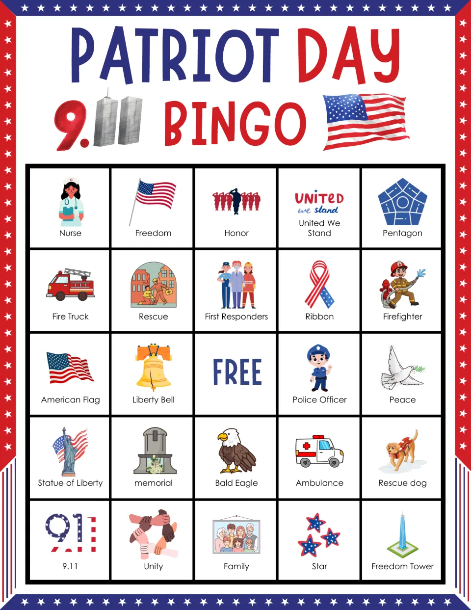 Bingo card 8: Nurse, Freedom, Honor and United We Stand among 24 labeled pictures, plus a free space