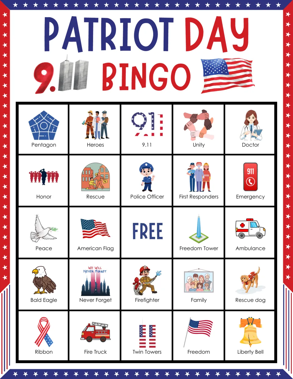 Bingo card 9: Pentagon, Heroes, 9.11, Unity and Doctor among 24 labeled pictures, plus a free space