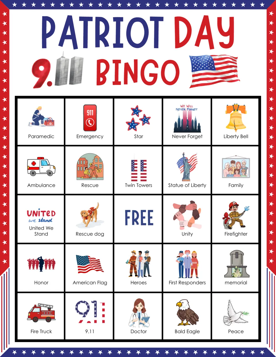Bingo card 10: Paramedic, Emergency, Star, Never Forget and 20 more labels, plus a free space