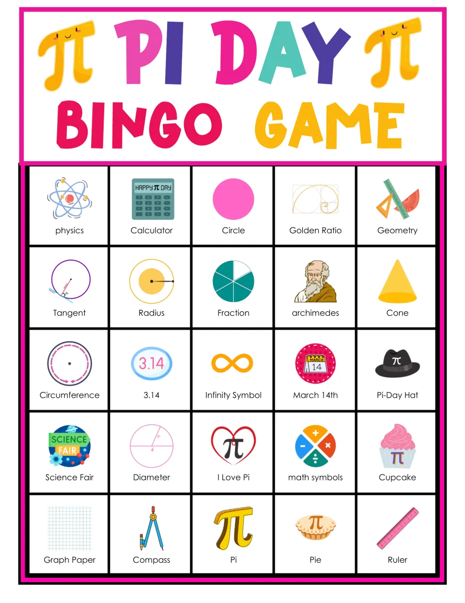 Pi Day bingo card 1: students mark 25 pictured pi words; top row: physics, calculator, circle, golden ratio, geometry