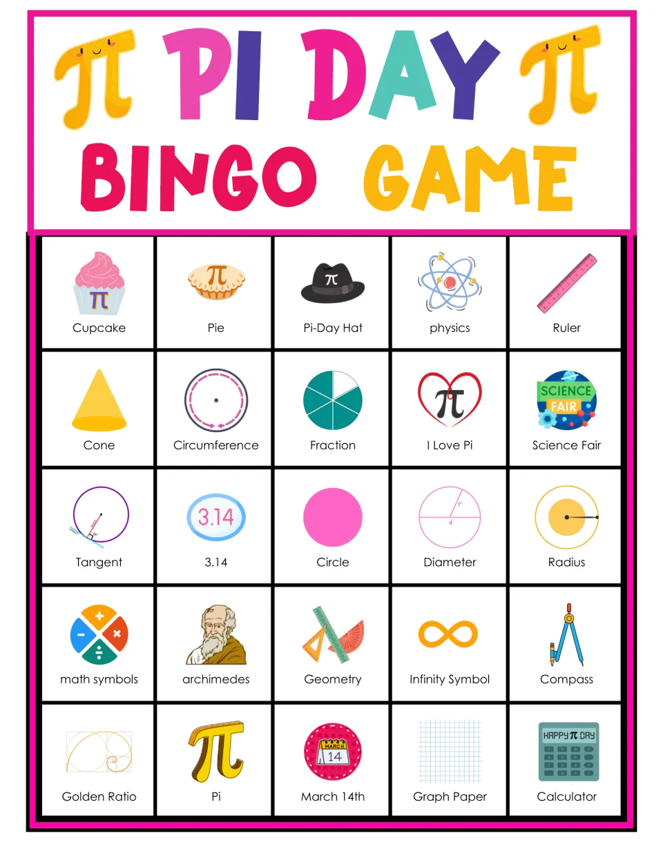 Pi Day bingo card 2: students mark 25 pictured pi words; top row: cupcake, pie, Pi-Day hat, physics, ruler