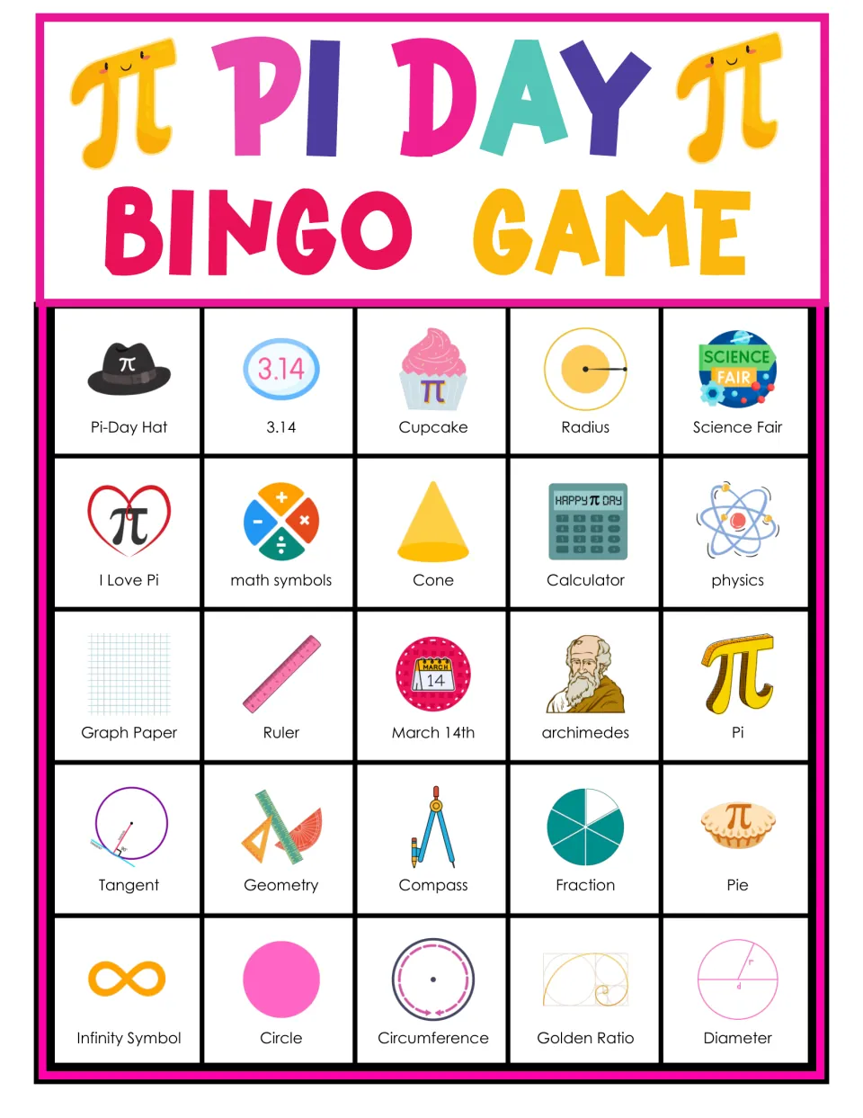 Pi Day bingo card 3: students mark 25 pictured pi words; top row: Pi-Day hat, 3.14, cupcake, radius, science fair