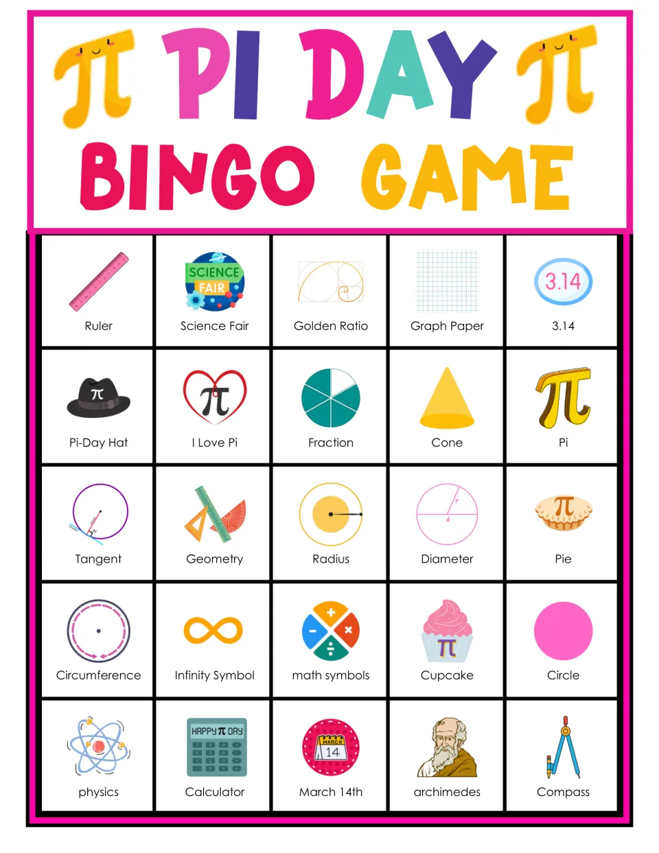Pi Day bingo card 4: students mark 25 pictured pi words; top row: ruler, science fair, golden ratio, graph paper, 3.14