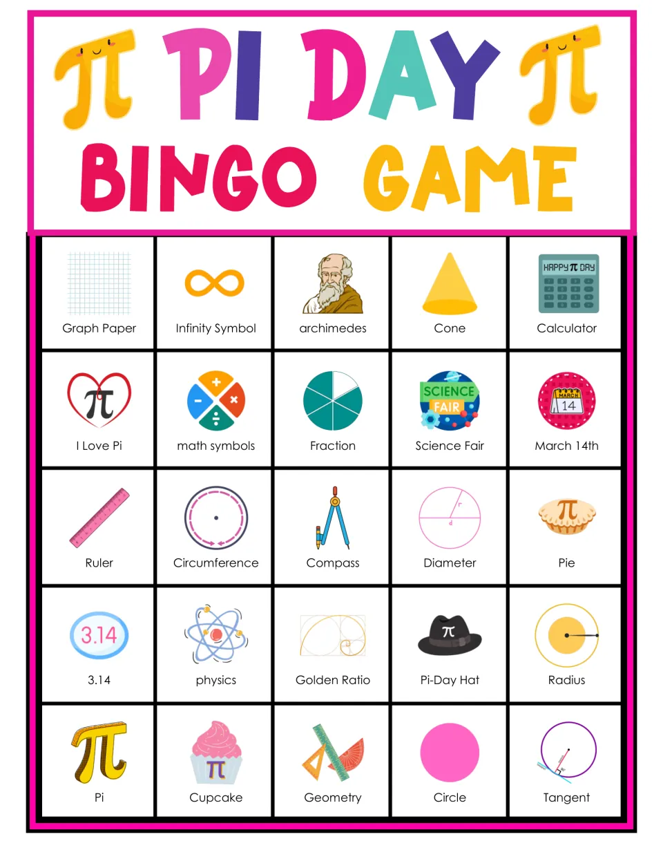 Pi Day bingo card 5: students mark 25 pictured pi words; top row: graph paper, infinity symbol, Archimedes, cone, calculator