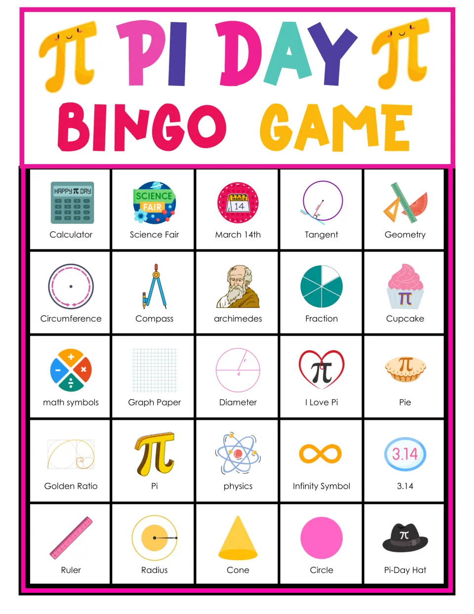 Pi Day bingo card 8: students mark 25 pictured pi words; top row: calculator, science fair, March 14th, tangent, geometry