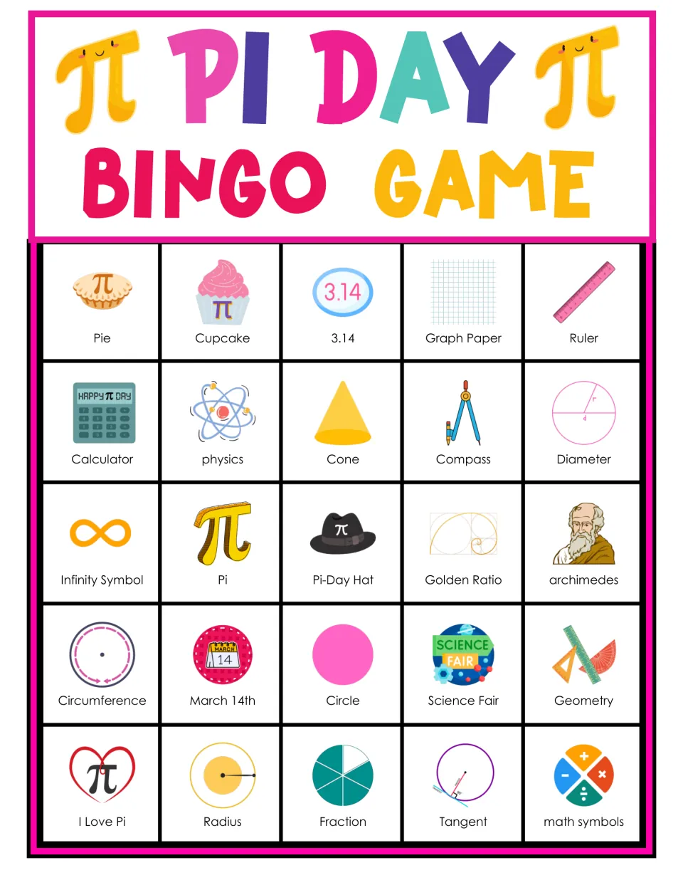 Pi Day bingo card 9: students mark 25 pictured pi words; top row: pie, cupcake, 3.14, graph paper, ruler