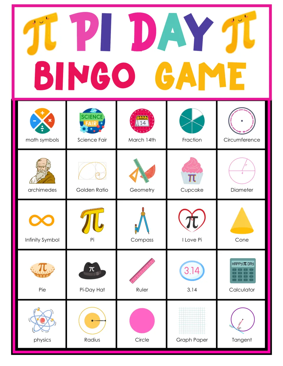 Pi Day bingo card 10: students mark 25 pictured pi words; top row starts math symbols, science fair, March 14th, fraction