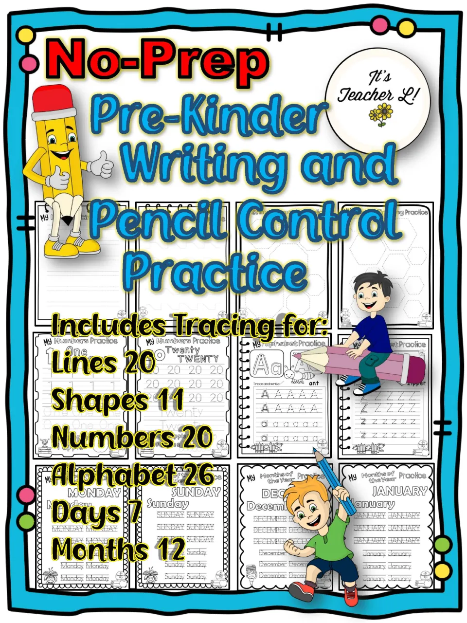 Cover listing tracing sets for lines, shapes, numbers, alphabet, days of the week and months, with sample page thumbnails