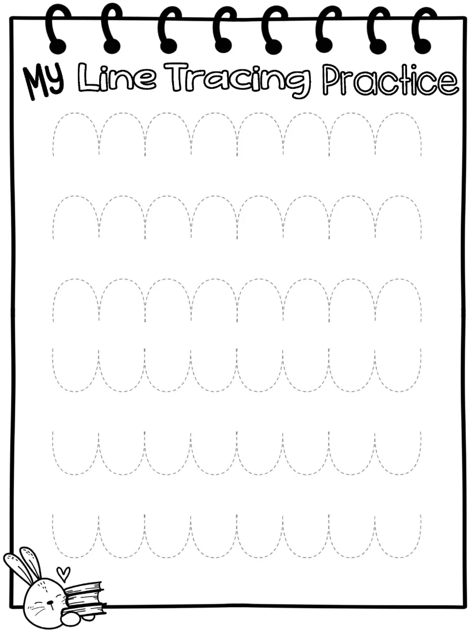 Line tracing: students trace tall dashed arch strokes and then tall U-shaped strokes in connected rows across the sheet