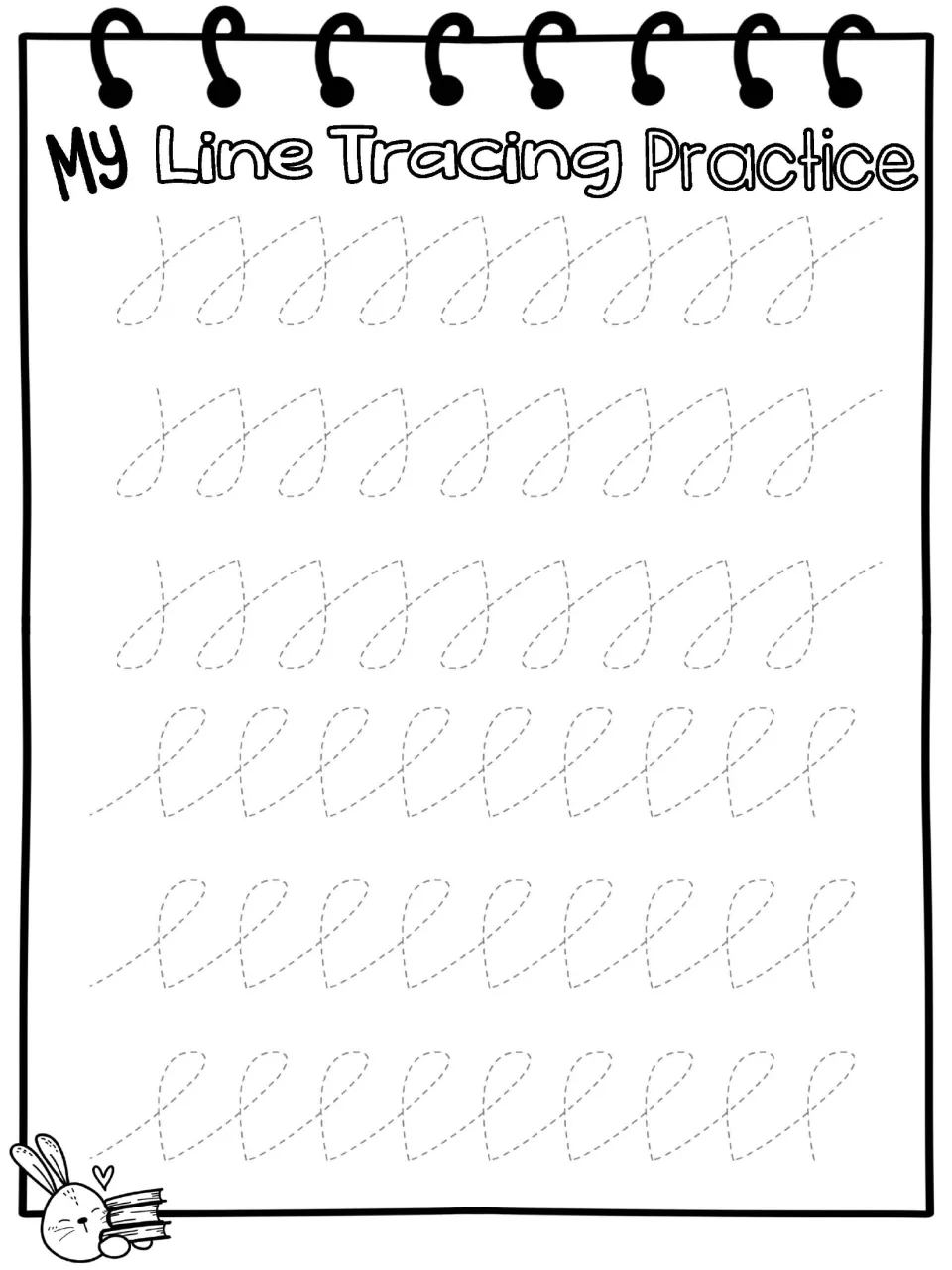 Line tracing: students trace slanted dashed loops, hanging ones in the top three rows and rising cursive-style ones below