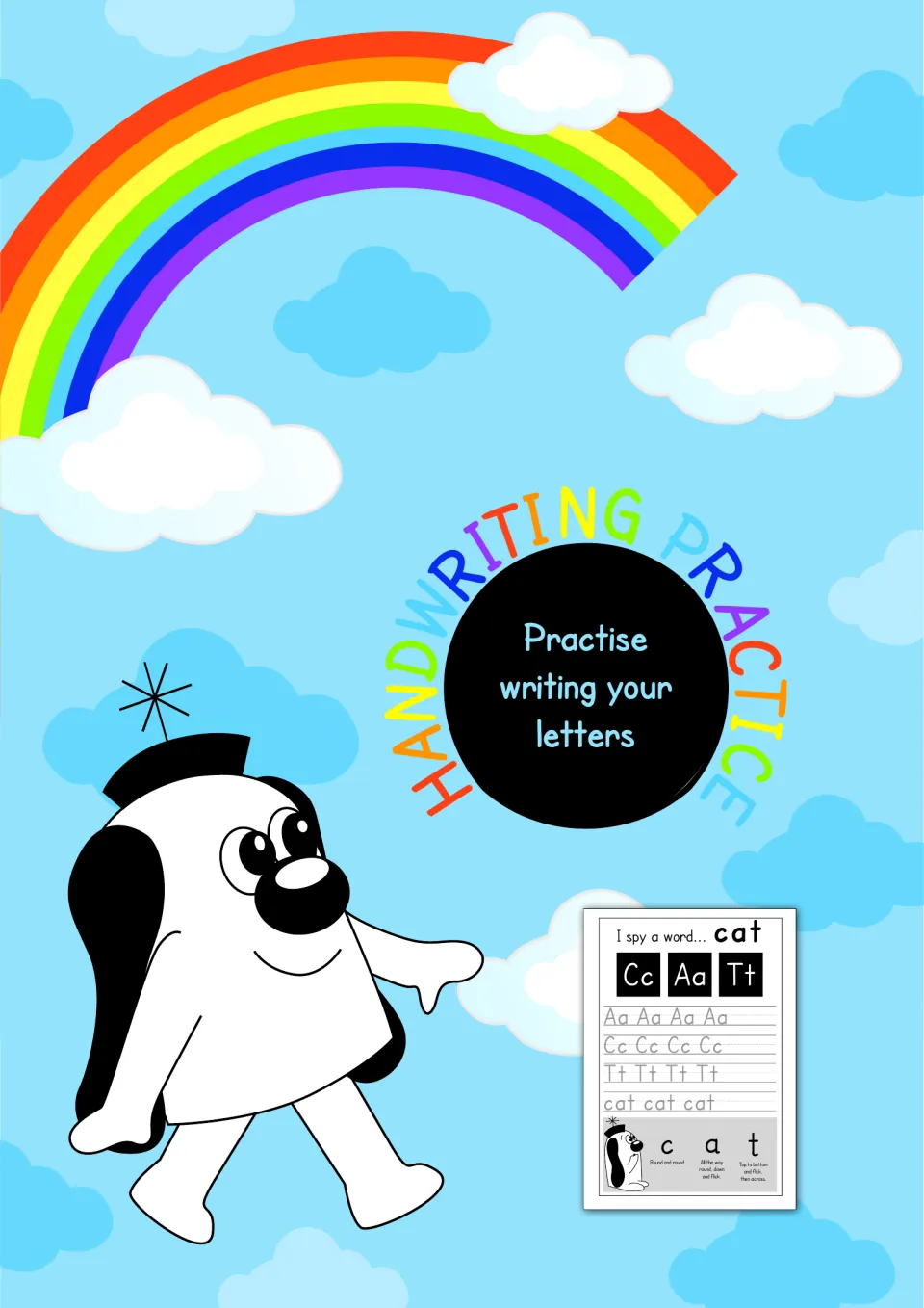 Handwriting Practice cover, Practise writing your letters, with a cartoon dog and a sample I spy a word cat tracing sheet