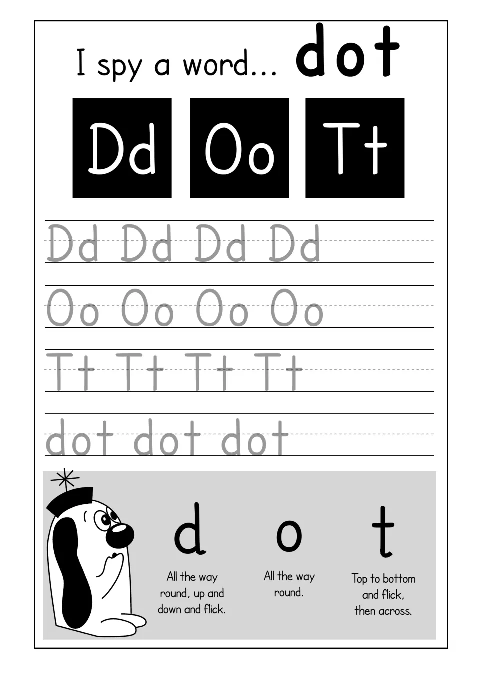I spy a word dot: students trace Dd, Oo and Tt and write dot three times, guided by formation rhymes for d, o and t