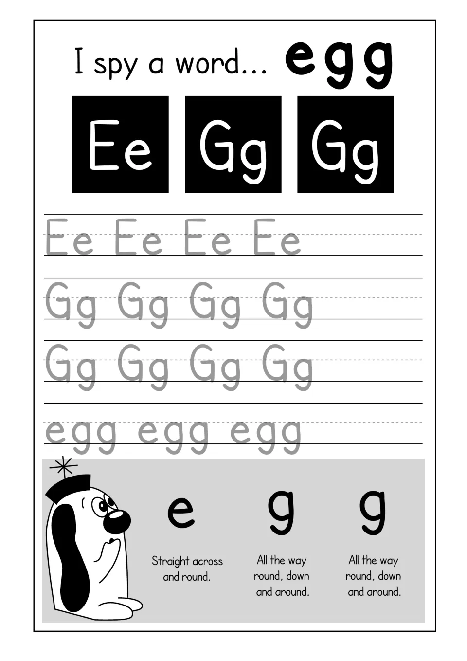 I spy a word egg: students trace Ee and two rows of Gg, then egg, using rhymes like Straight across and round for e