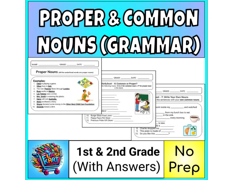 Proper & Common Nouns (Grammar) cover: sample sheets for 1st & 2nd grade, marked With Answers and No Prep