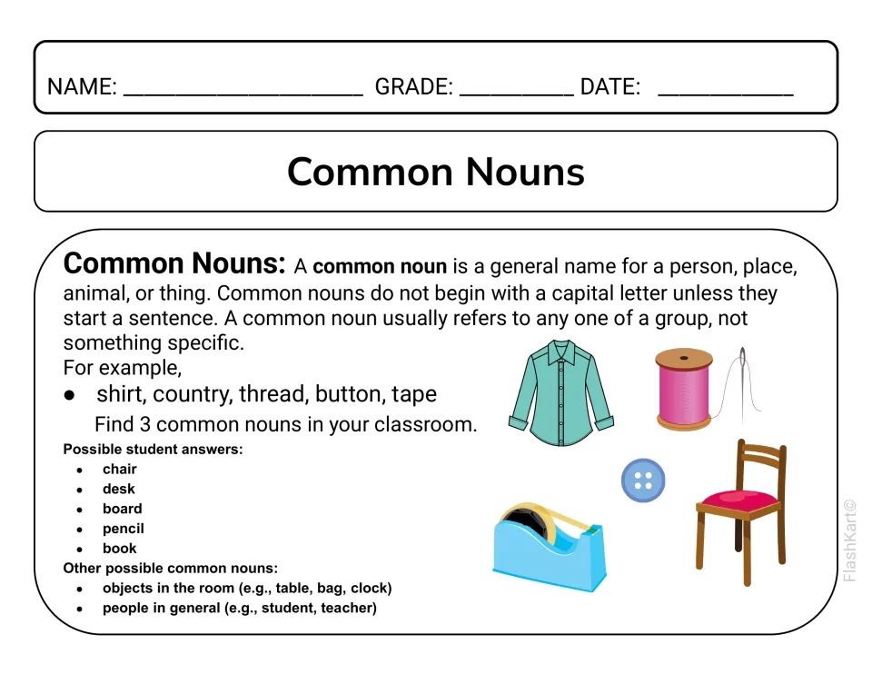 Common nouns defined as general names for a person, place, animal or thing; students find 3 common nouns in class