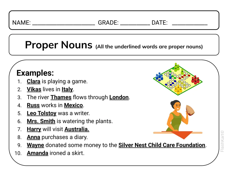 Proper noun examples: 10 sentences with names such as Clara, Italy, London and Leo Tolstoy underlined for students