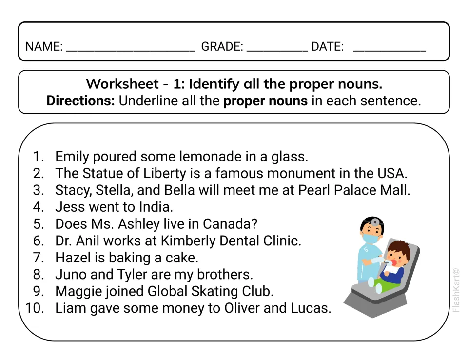 Identifying proper nouns: students underline the proper nouns in 10 sentences, naming Emily, India and the USA