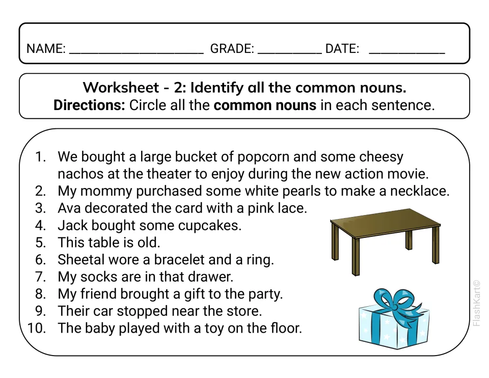 Identifying common nouns: students circle the common nouns in 10 sentences about popcorn, pearls, cupcakes and a toy