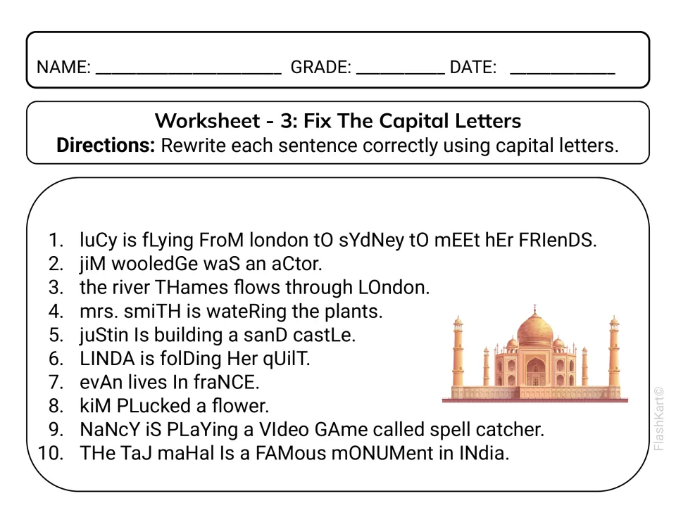 Fix the capital letters: students rewrite 10 sentences about London, Lucy and the Taj Mahal with correct capitals