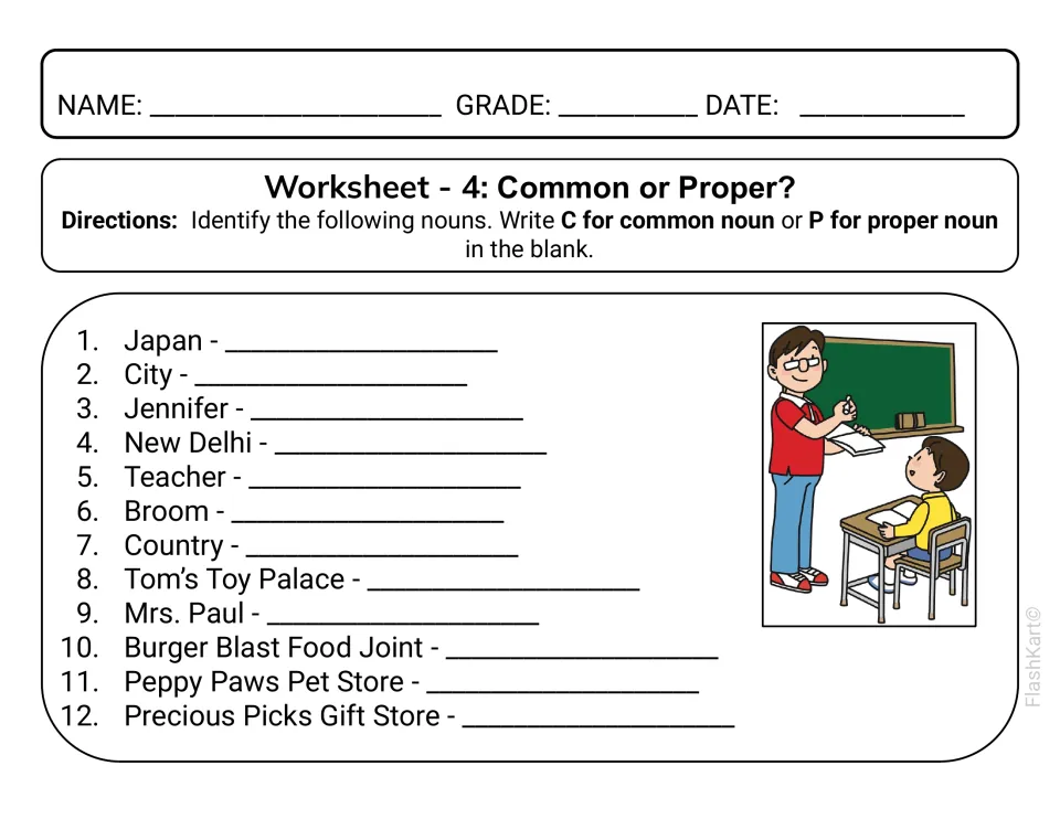 Common or proper? Students sort 12 nouns, from Japan and Broom to Peppy Paws Pet Store, by writing C or P for each