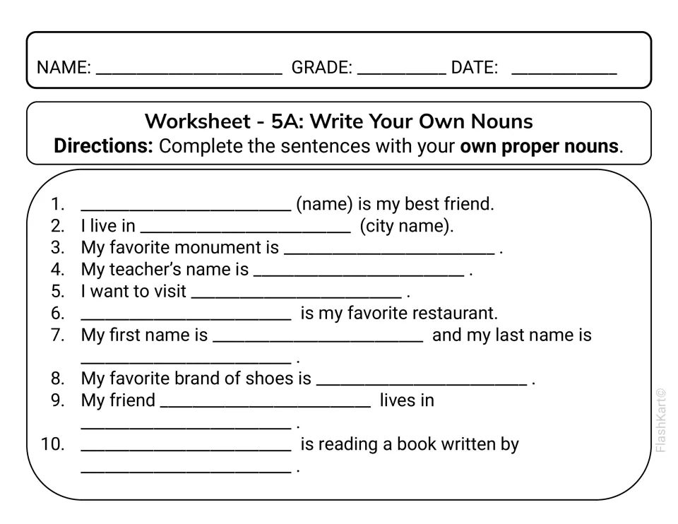Write your own nouns: students complete 10 sentences about a best friend, city and teacher with their own proper nouns