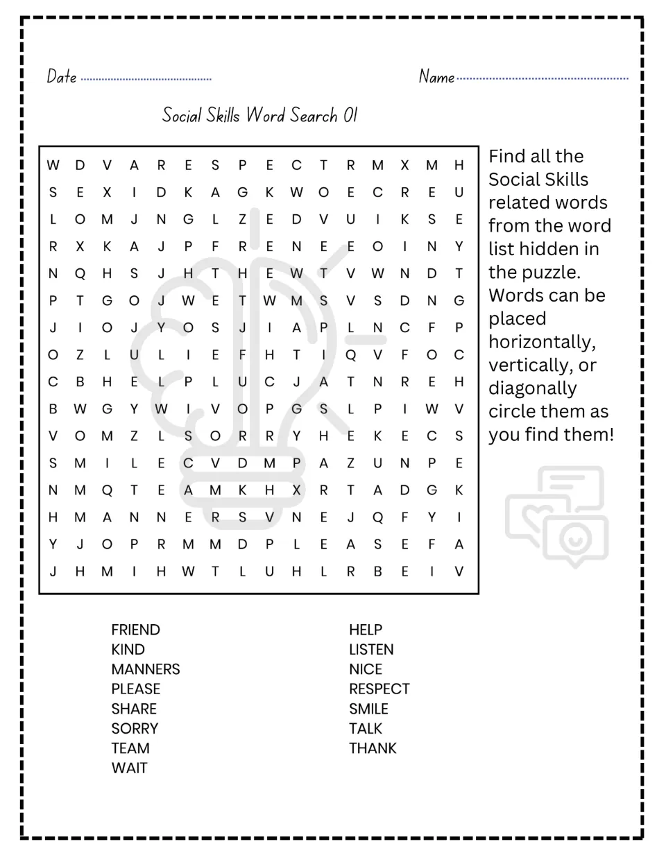 Social Skills Word Search 01: students find and circle 15 words like friend, kind, manners, please, share and respect