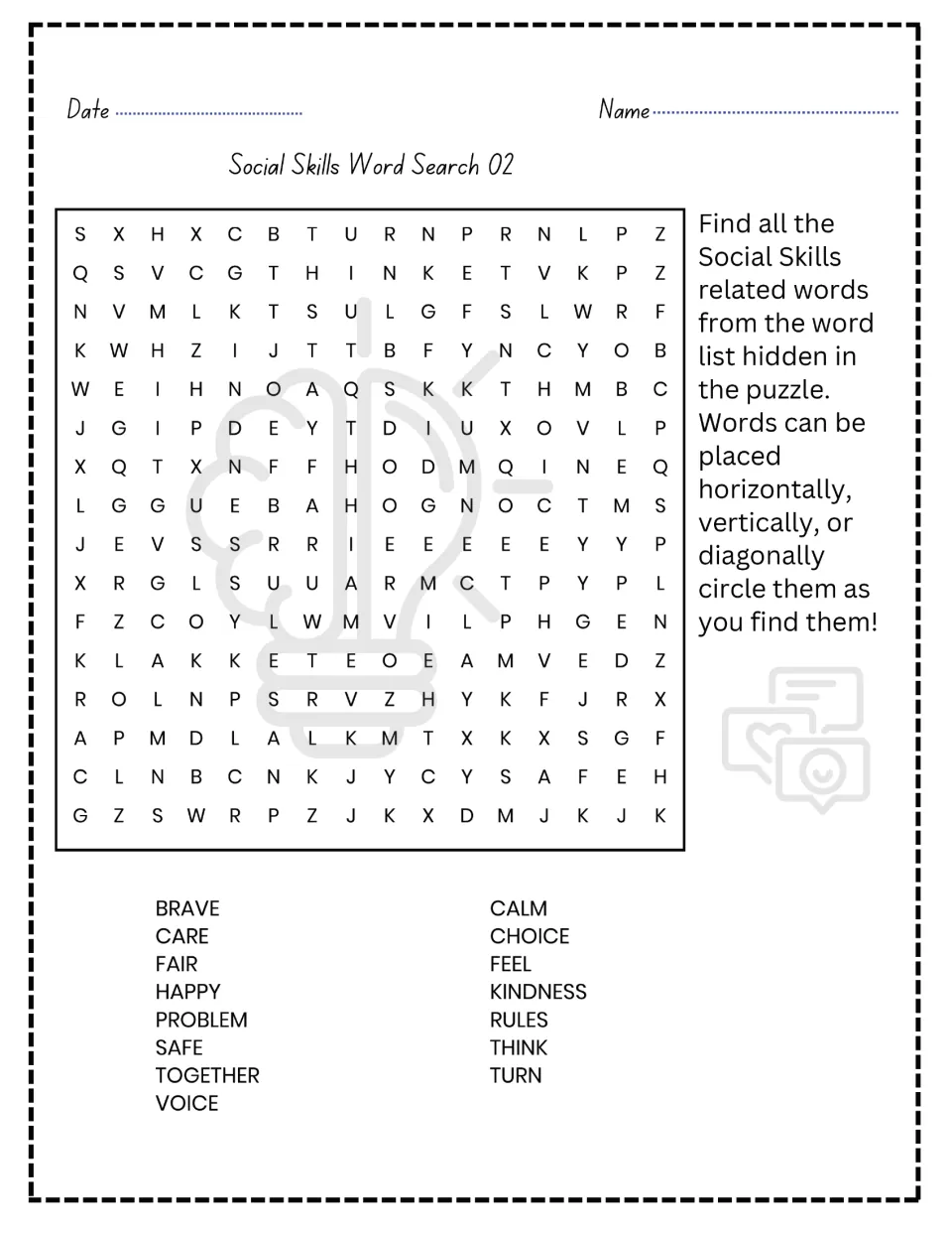 Social Skills Word Search 02: students circle 15 words such as brave, calm, fair, kindness, problem, together and turn