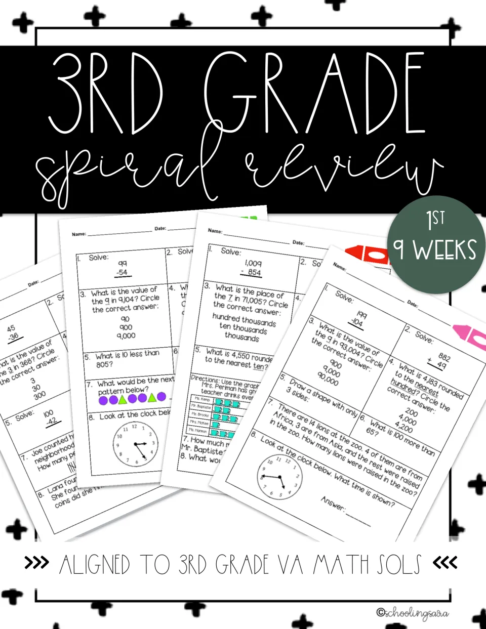3rd Grade Spiral Review, 1st 9 Weeks cover showing sample sheets of place value, rounding, pattern and clock problems