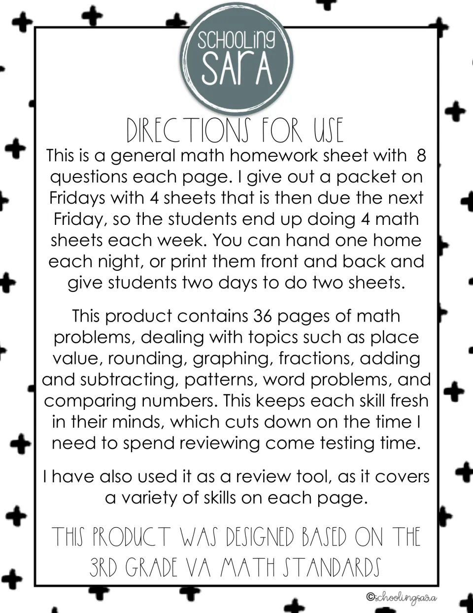 Directions for use: 8 math questions per sheet, sent home as a weekly 4-sheet packet or one sheet each night
