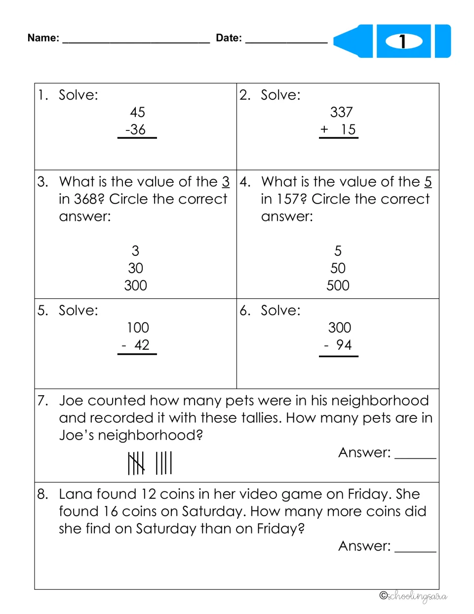 Review sheet 1: students subtract and add, find the value of a digit, count tally marks and solve a coin word problem