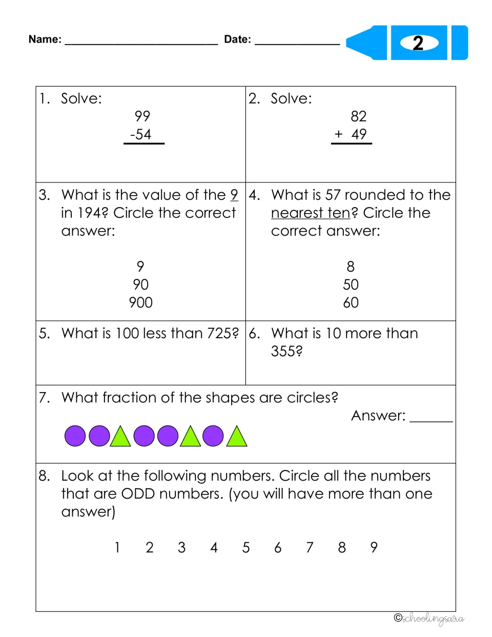 Review sheet 2: students add, subtract, round 57 to the nearest ten, name a fraction of shapes and circle odd numbers