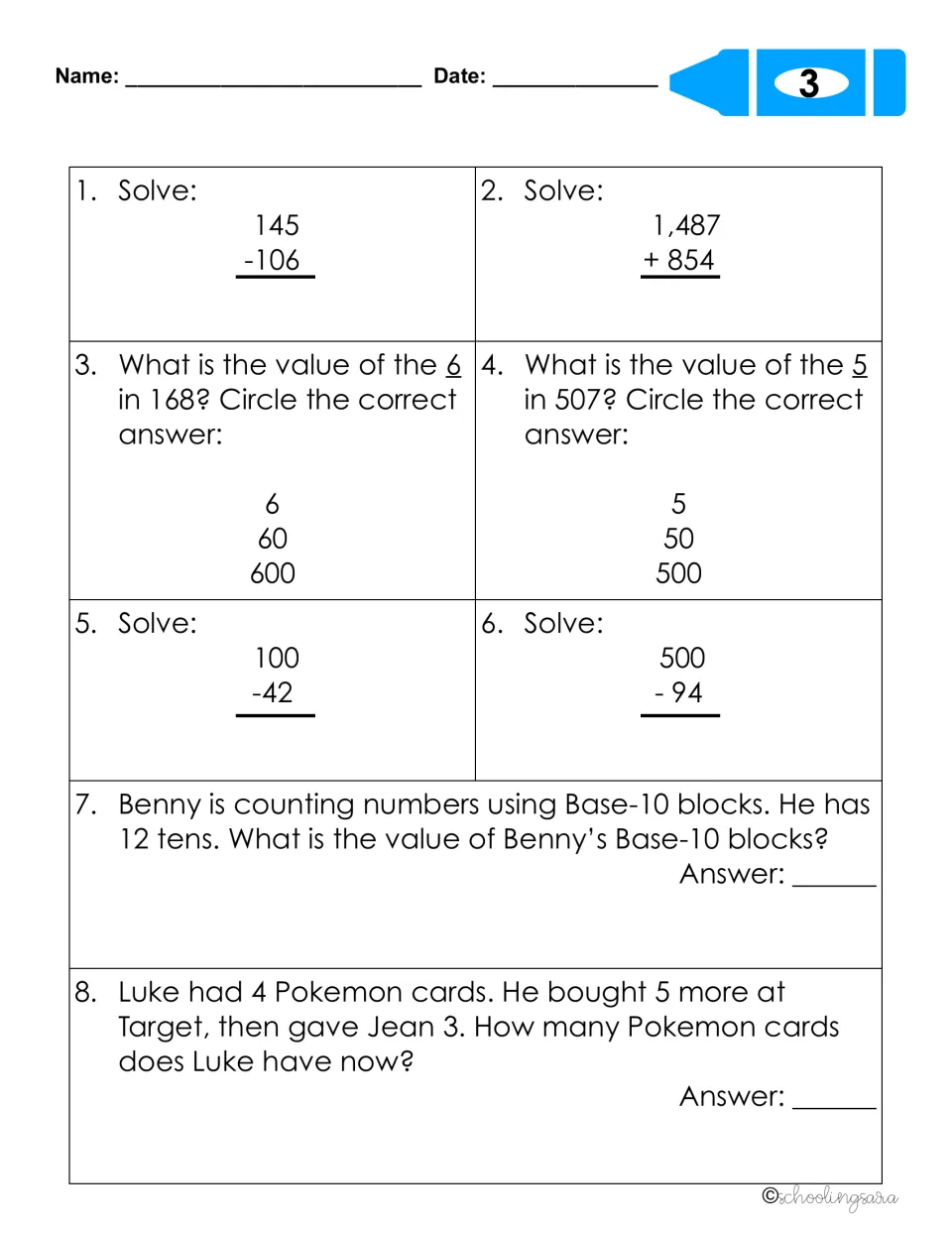 Review sheet 3: students regroup to add and subtract, find digit values and solve Base-10 block and Pokemon card problems