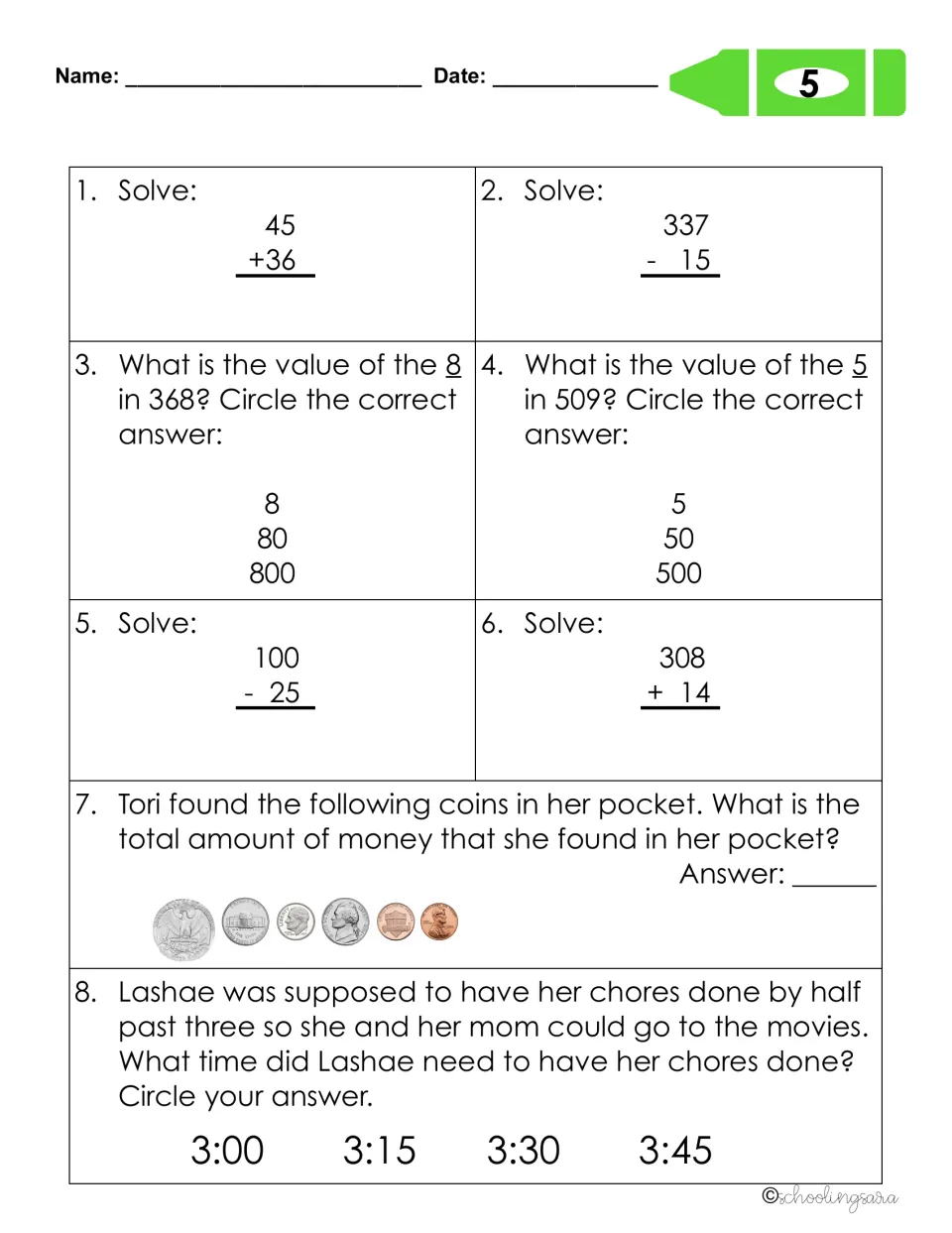 Review sheet 5: students add and subtract, find digit values, total a set of coins and pick the time for half past three