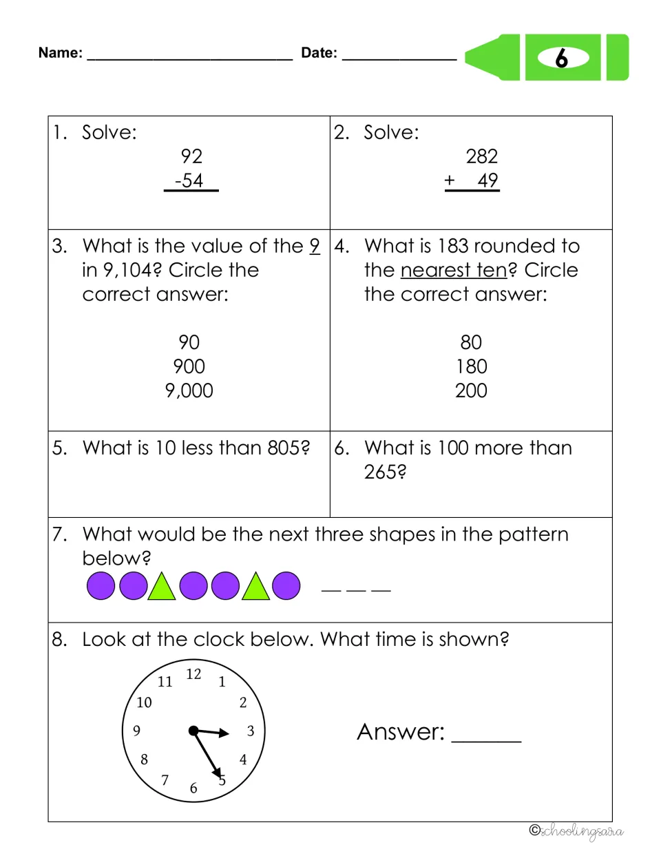Review sheet 6: students subtract, add, round 183 to the nearest ten, extend a shape pattern and read an analog clock