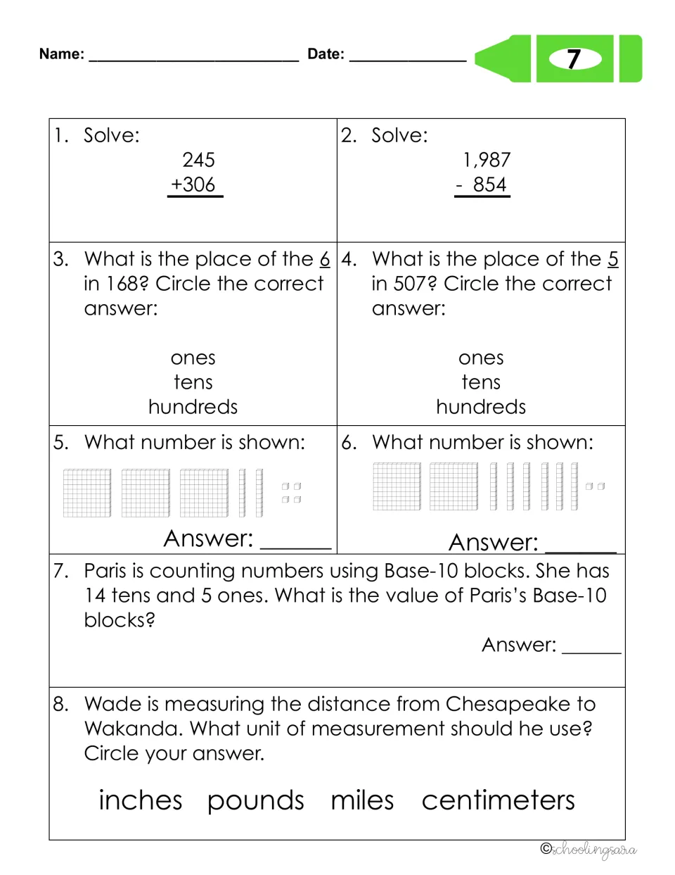Review sheet 7: students name a digit's place, read numbers shown in Base-10 blocks and pick a unit to measure distance