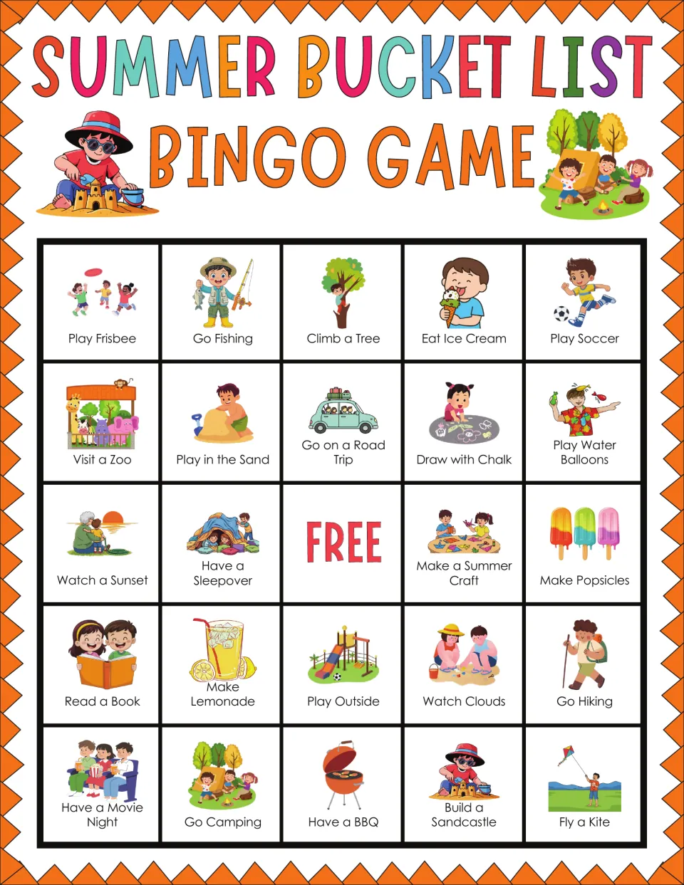 Summer bucket list bingo card: students mark pictured activities, starting with Play Frisbee, Go Fishing, Climb a Tree