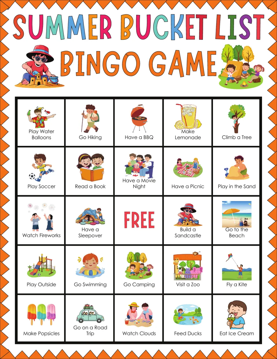 Summer activity bingo card with a FREE center; top row reads Play Water Balloons, Go Hiking, Have a BBQ, Make Lemonade