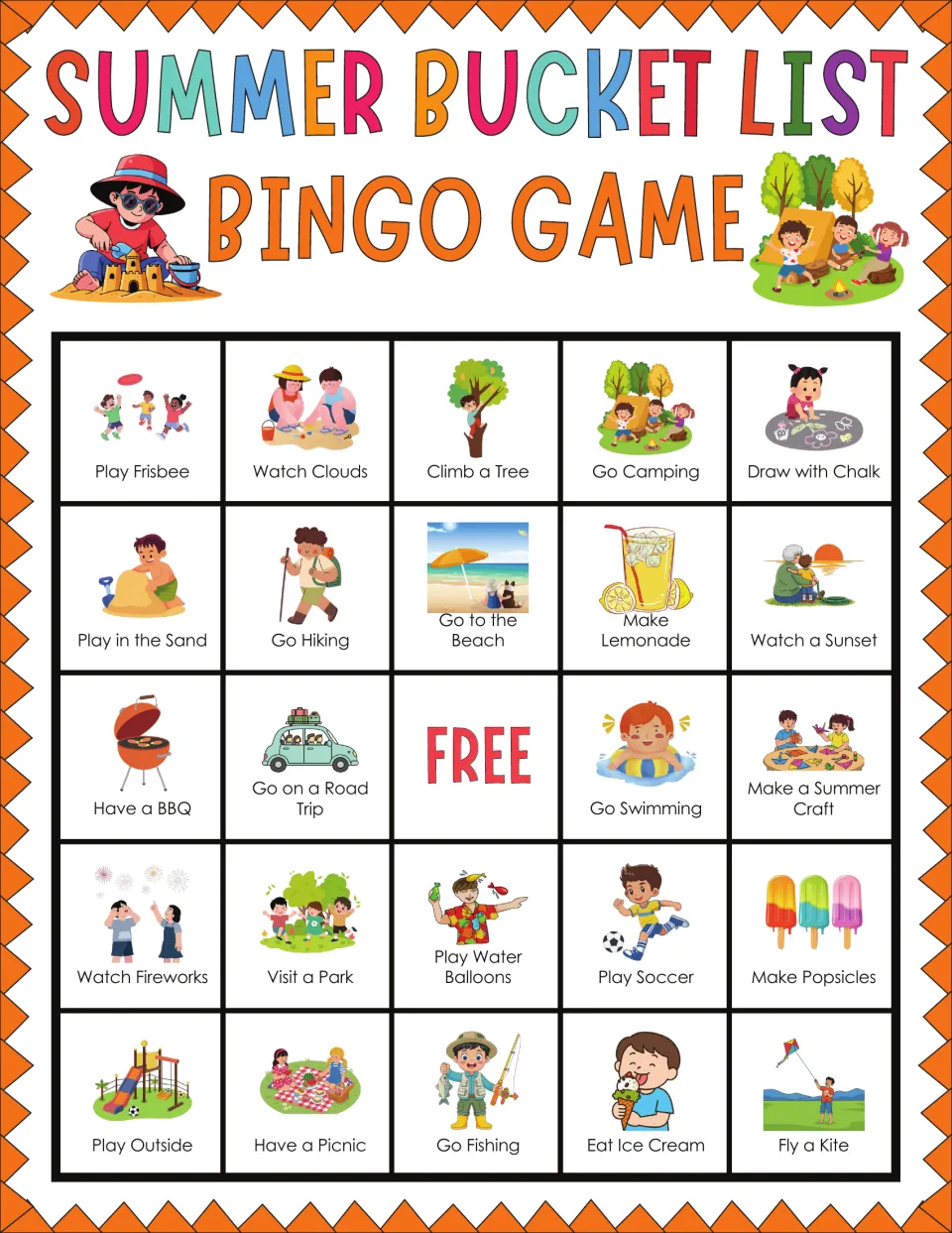 Bingo card of 24 illustrated summer pastimes, including Play Frisbee, Watch Clouds, Go Camping and Draw with Chalk