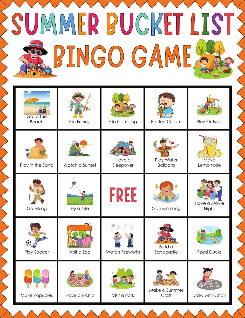 Summer fun bingo card: players cover squares as activities are called, first row Go to the Beach, Go Fishing, Go Camping