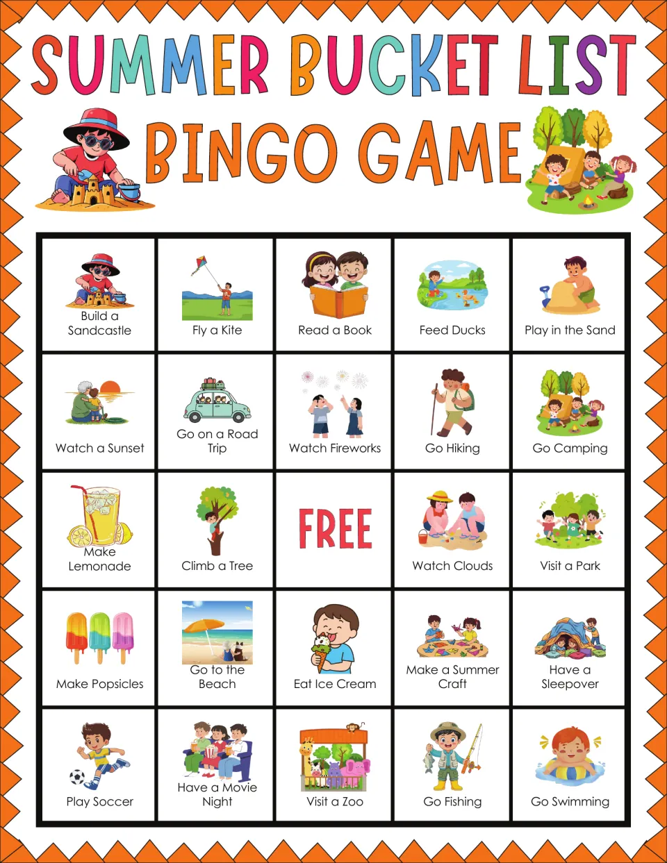 Picture bingo card of summer plans, top row Build a Sandcastle, Fly a Kite, Read a Book, Feed Ducks and Play in the Sand