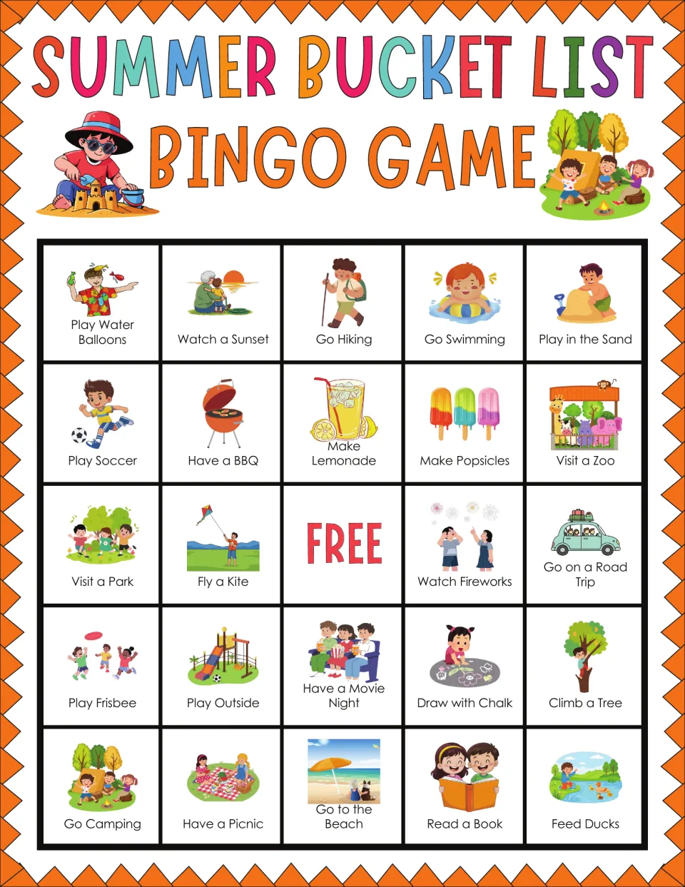 Summer bingo card for marking called activities; opens with Play Water Balloons, Watch a Sunset, Go Hiking, Go Swimming