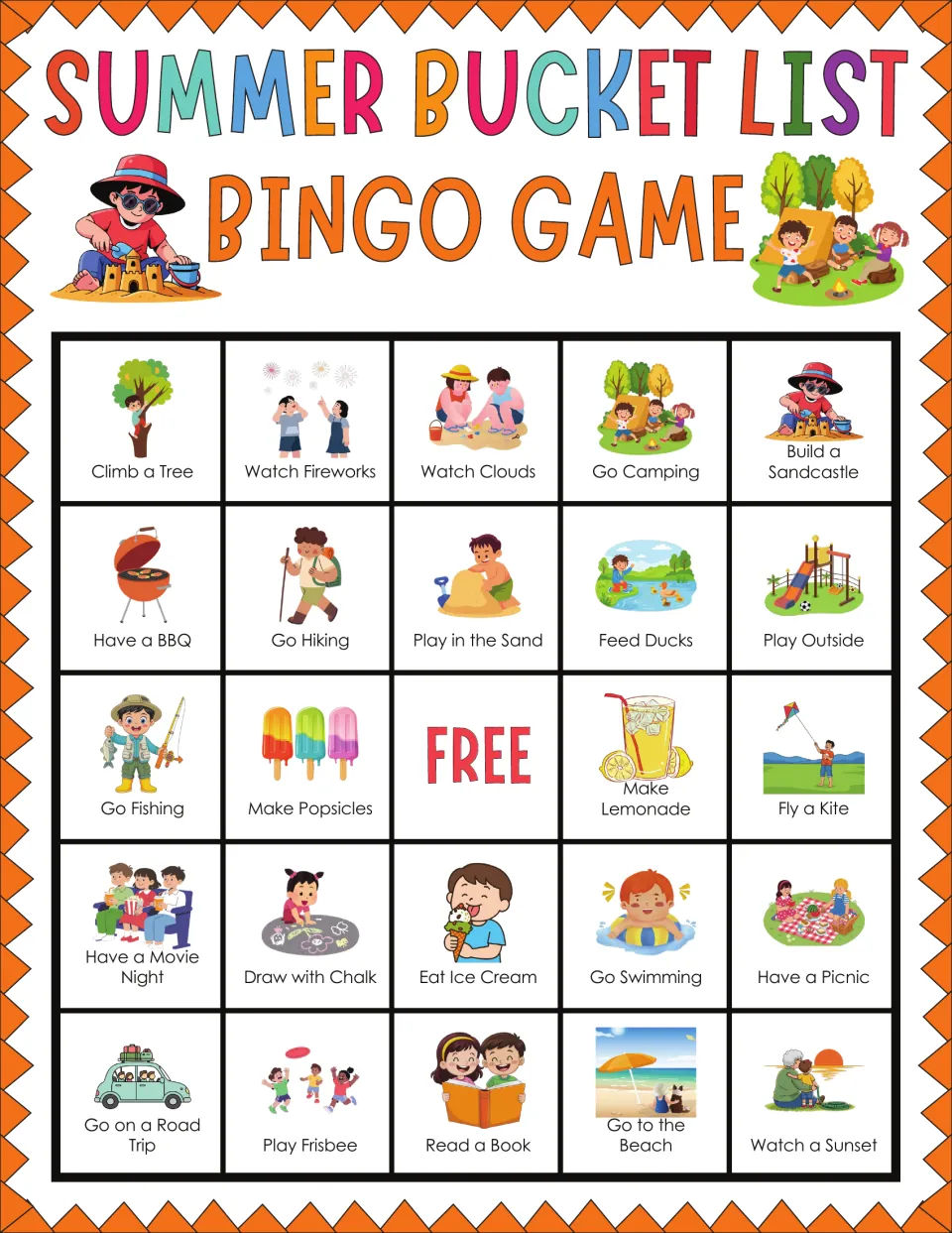 Illustrated bingo card of vacation activities, top row Climb a Tree, Watch Fireworks, Watch Clouds, Go Camping