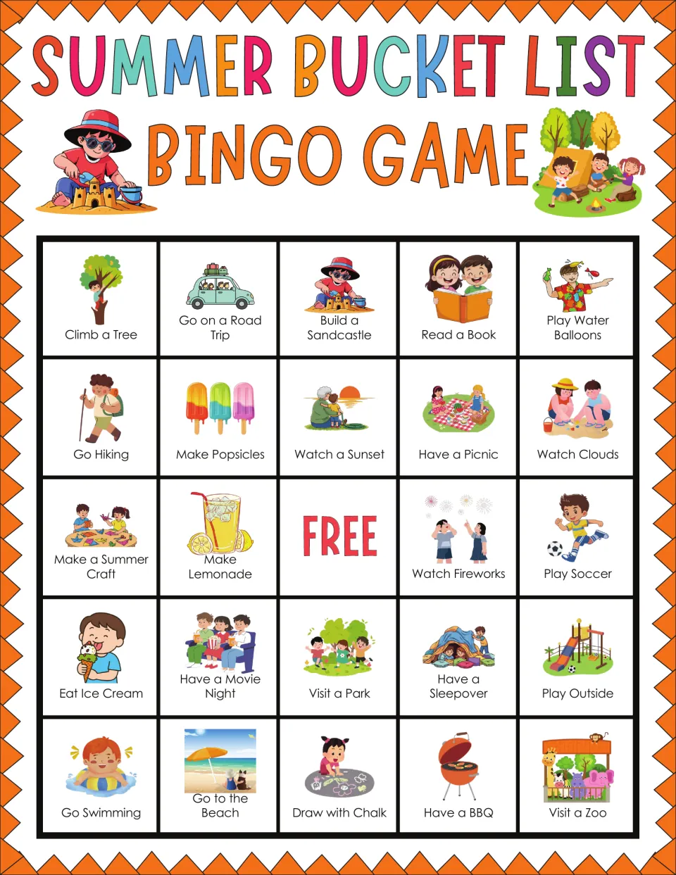 Bingo card with summer activity pictures to mark, first row Climb a Tree, Go on a Road Trip, Build a Sandcastle