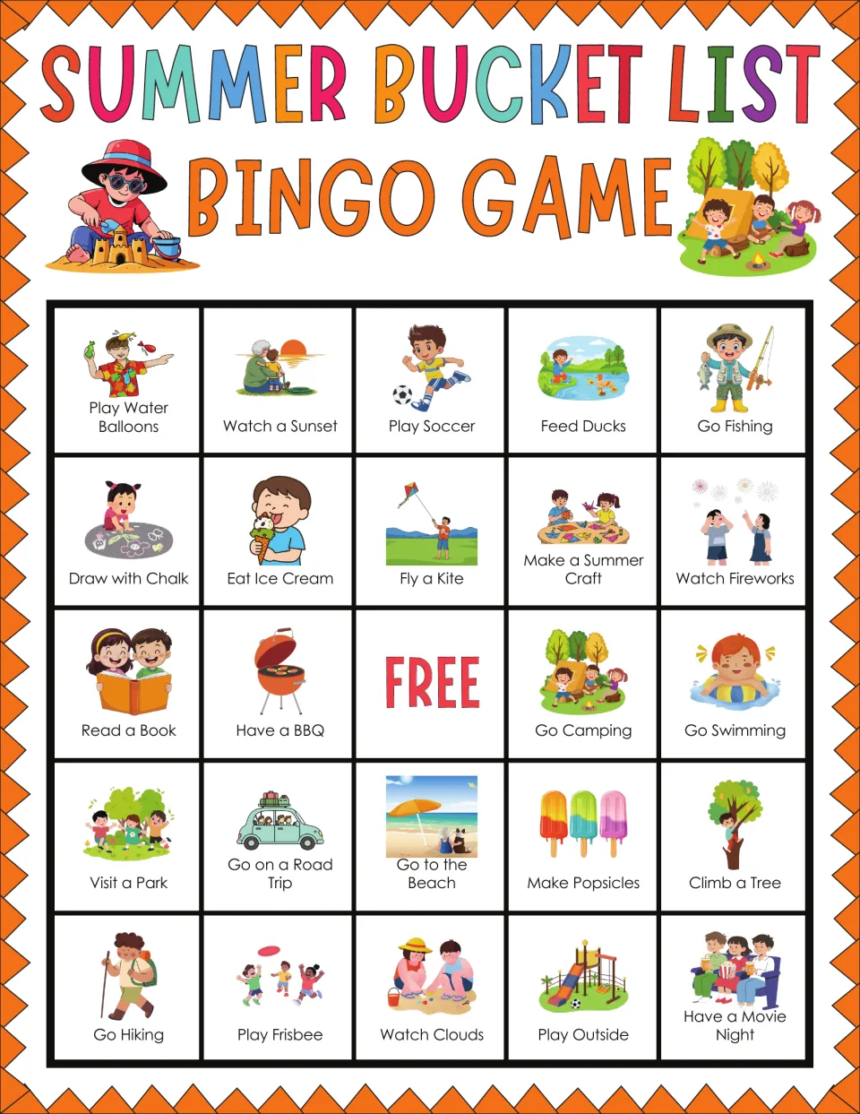 Summer pastimes bingo card to play, top row Play Water Balloons, Watch a Sunset, Play Soccer, Feed Ducks and Go Fishing
